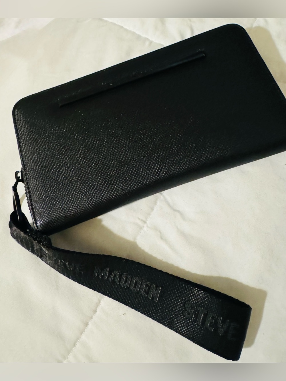 Steve Madden Black Textured Zip Wristlet with Logo Strap